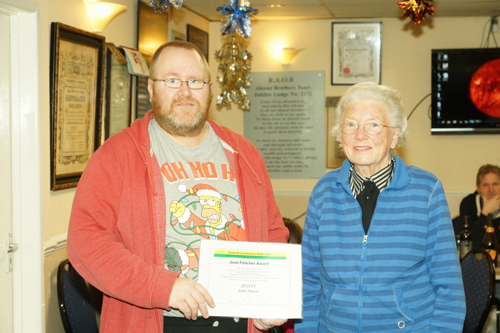 John 2E0VTT receiving the Jean Fletcher Award from Pearl Dunsford